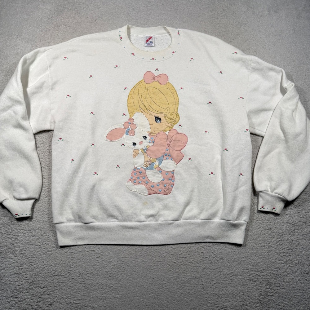 Vintage 80s Jerzees Sweatshirt Women XL White Precious Moments Bunny made in USA